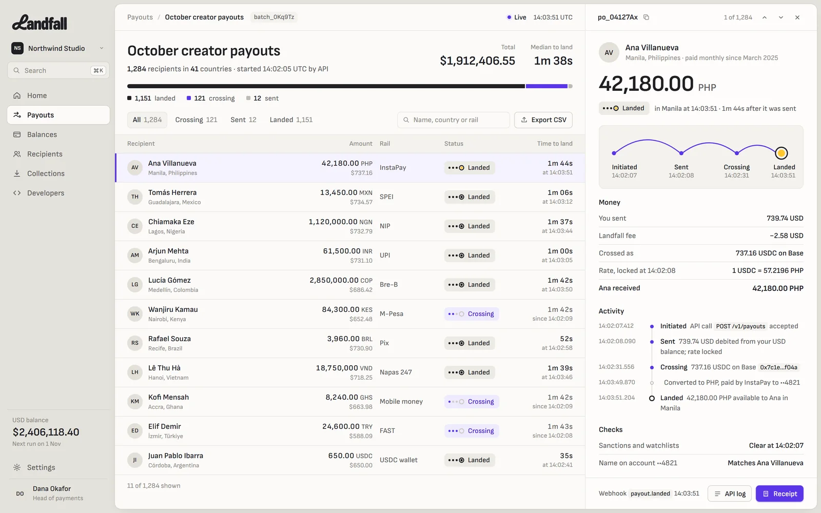Landfall's payouts console: the October creator batch with each payment's local amount, rail and status
