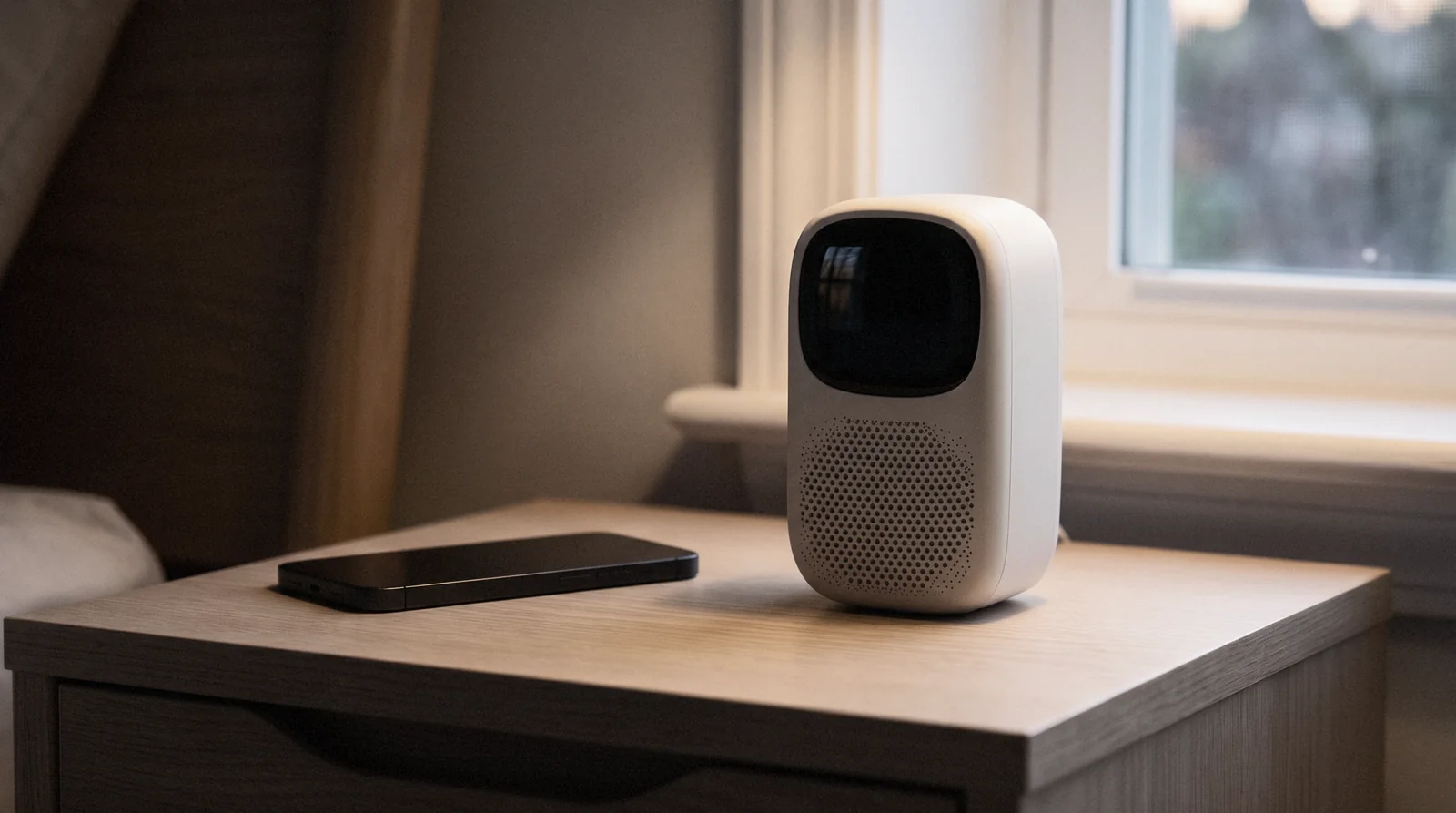 The bedside dock on a nightstand by a window