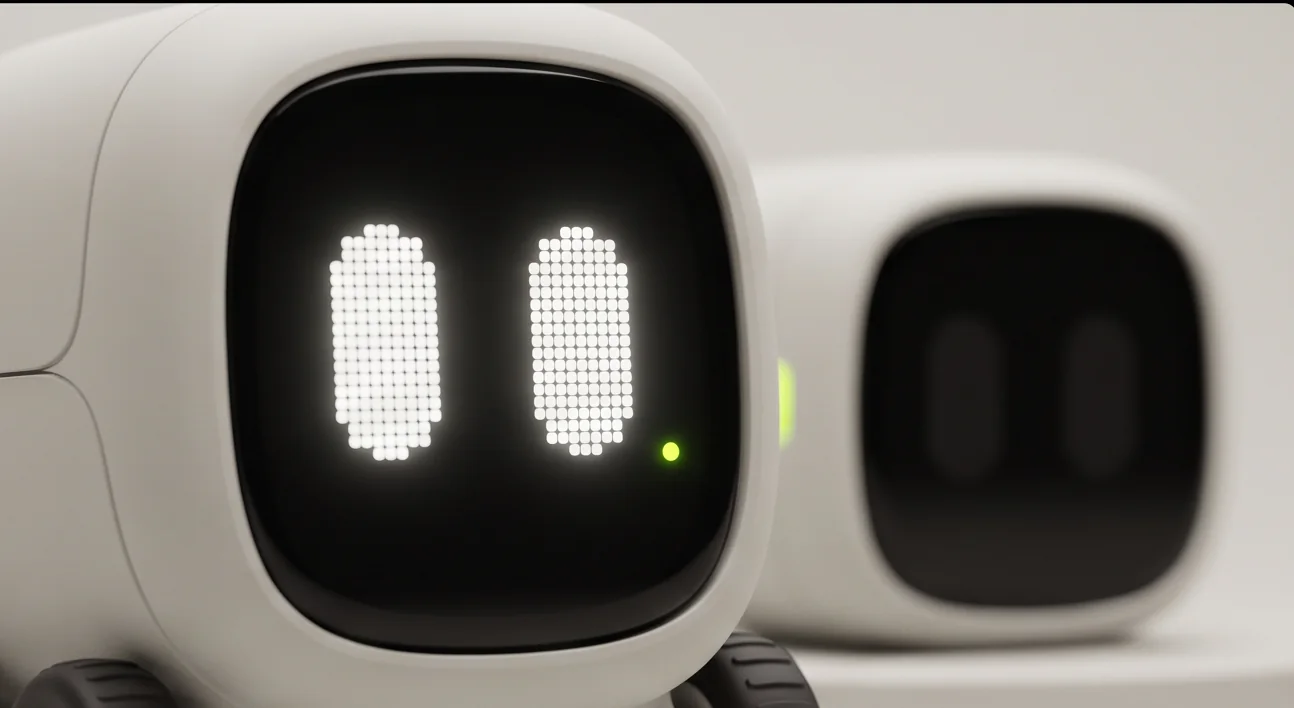 Close-up of a Mote face: white pixel eyes and a lime light on black glass
