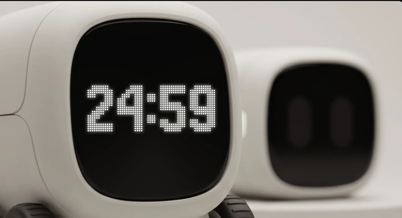 Rover's face cycling through its eyes, a 25:00 timer, a full bin and an incoming call