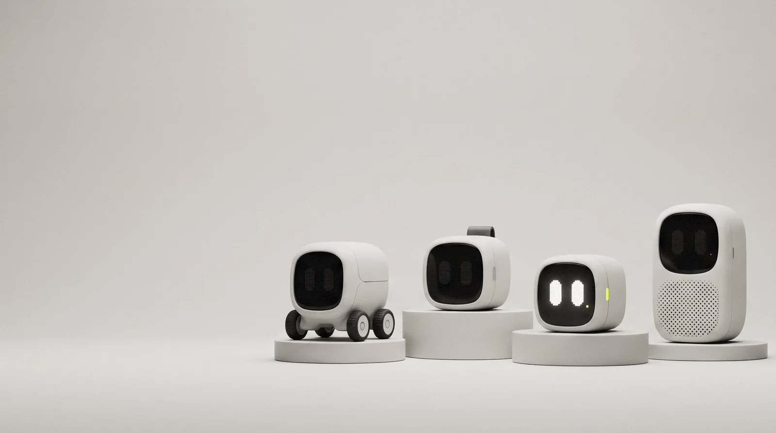 Mote key art: four chalk-white robots on plinths, only the keycap awake with white pixel eyes