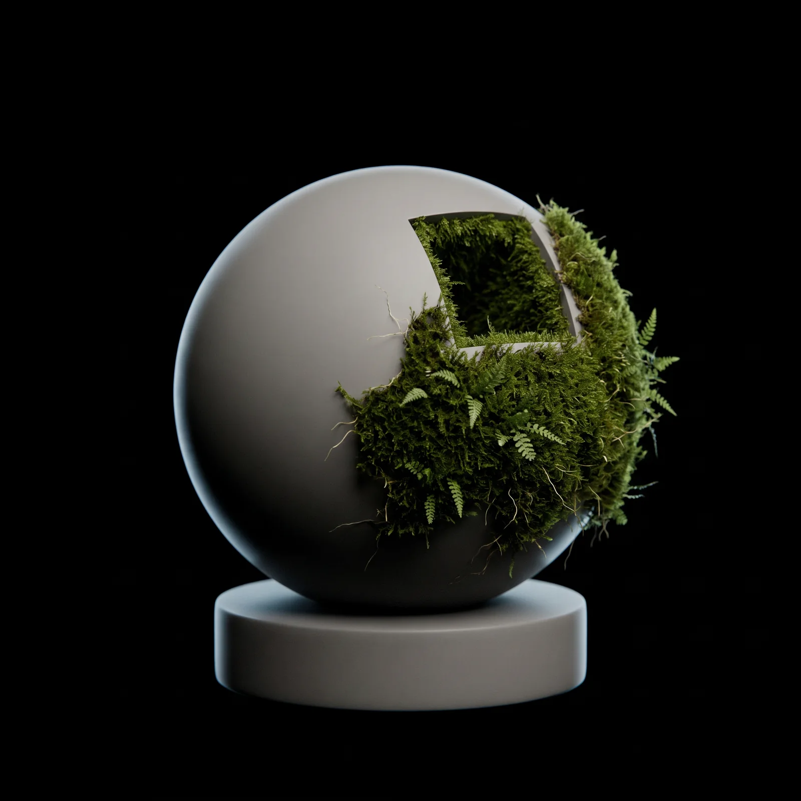 Texel key art: a grey shader ball with a square cut out, moss growing across it and into the cut