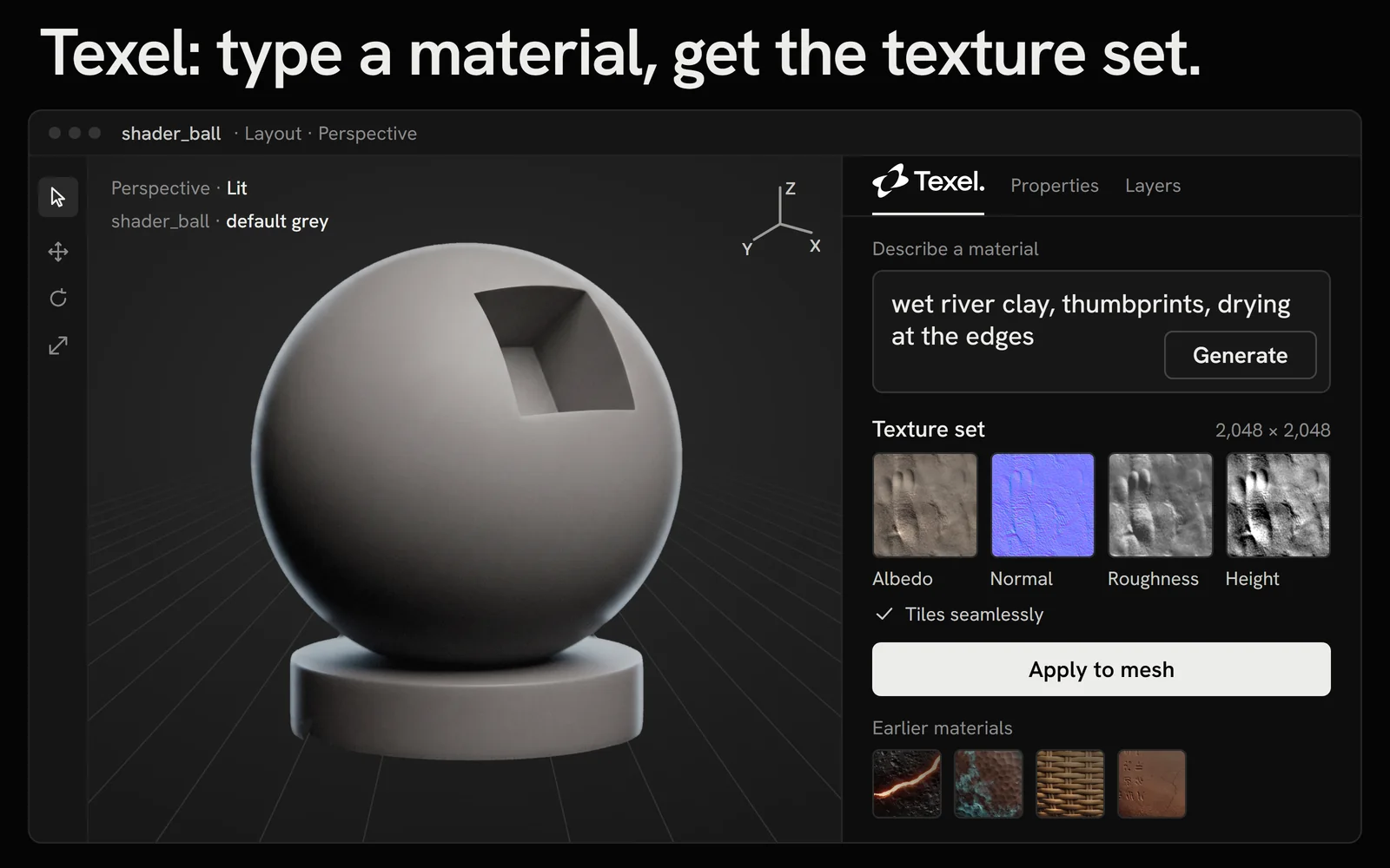 Texel's panel in a 3D editor: a typed material arrives as four labelled maps, then lands on the grey shader ball